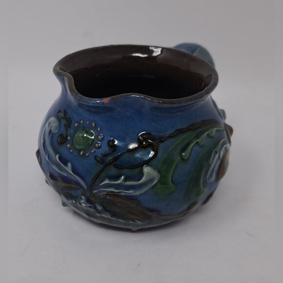 CH Brannam Barum Pottery Ceramic Mini Jug 1900 Dated Frog Fish Waves Blue 2.25" - Picture 3 of 16